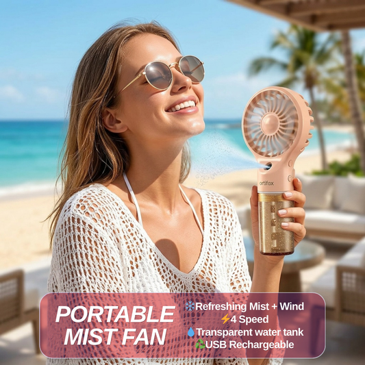 Portable Rechargeable Handheld Fan with Mist Spray.